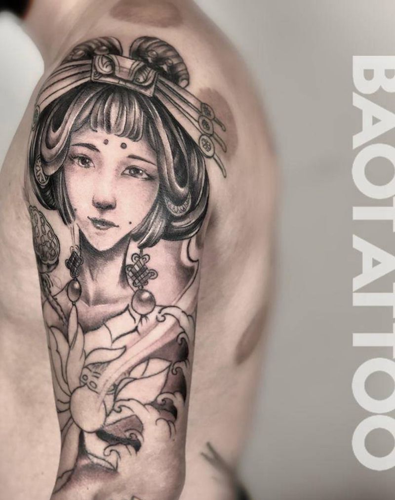 艺妓纹身图片_腿部手臂新传统水墨纹身图案