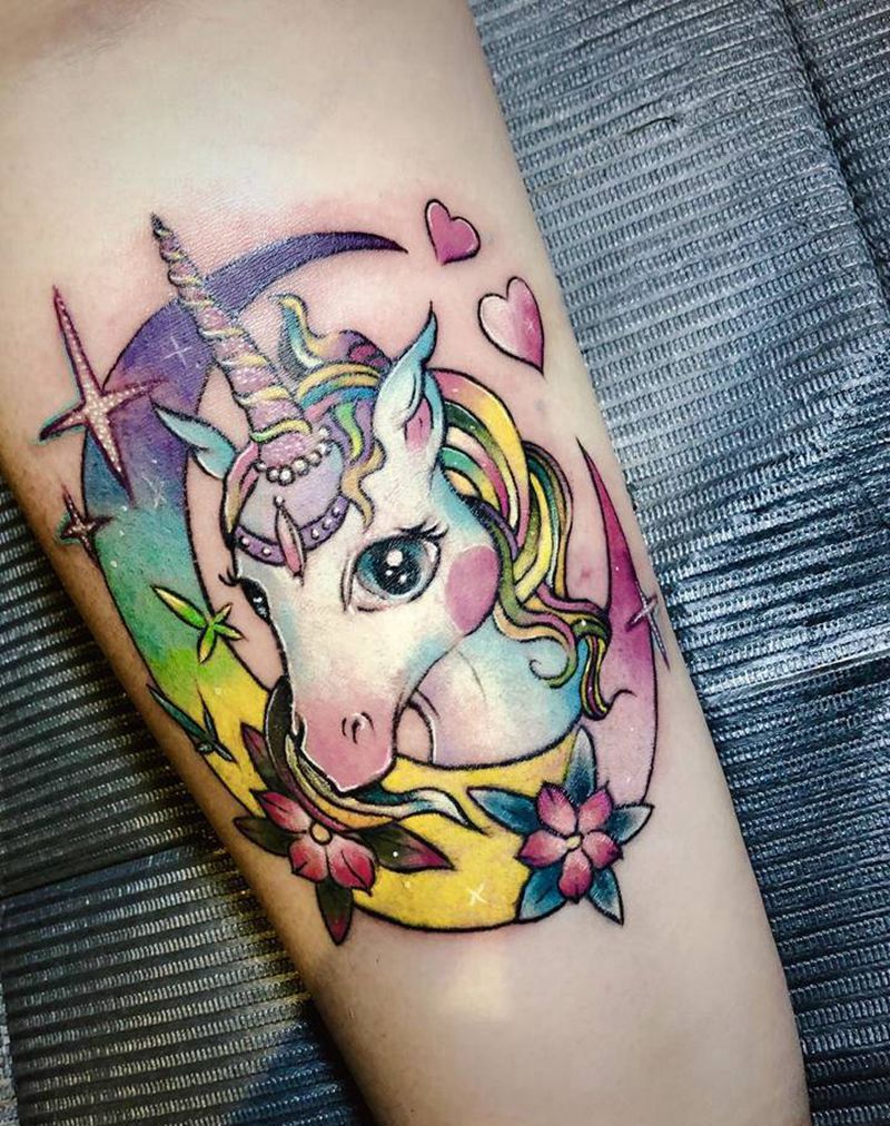 独角兽纹身图片_背部腿部水彩水墨纹身图案