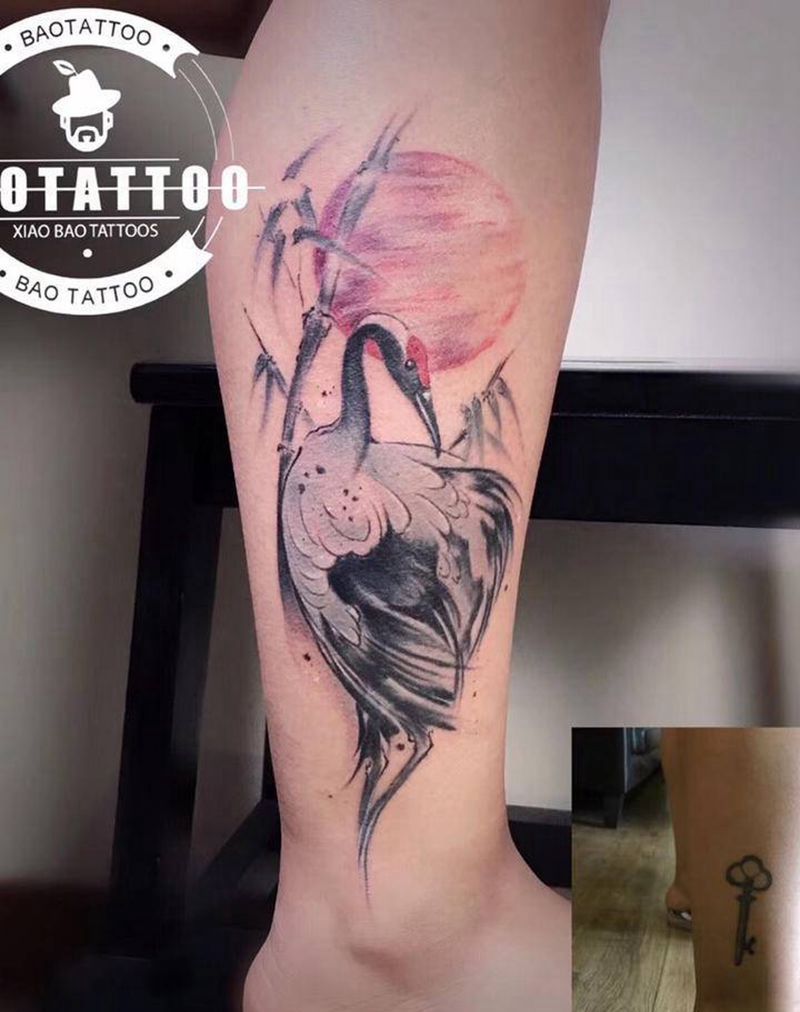 仙鹤纹身图片_手臂腿部水彩水墨纹身图案