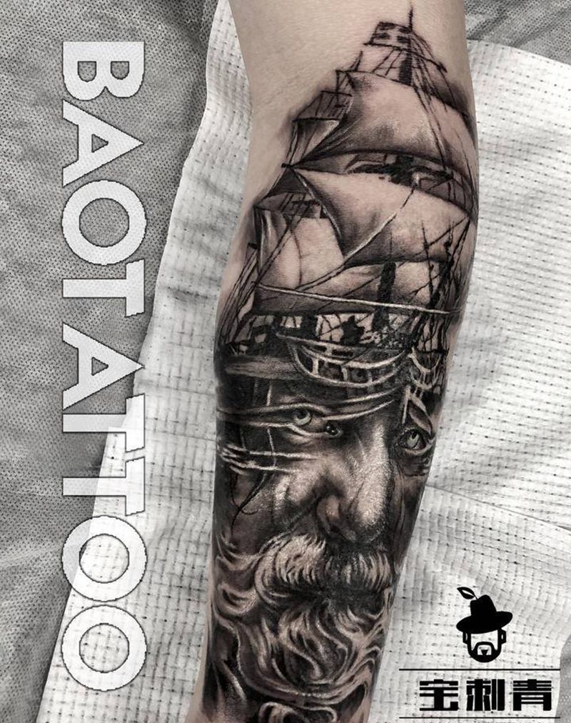 海神波塞冬纹身图片_手臂欧美写实海神波塞冬纹身图案