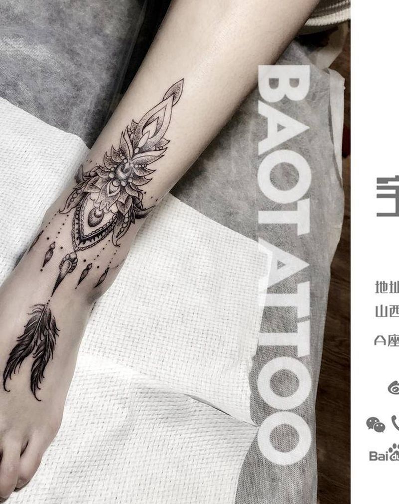 脚腕梵花纹身图片_脚部腿部点刺几何梵花清新纹身图案