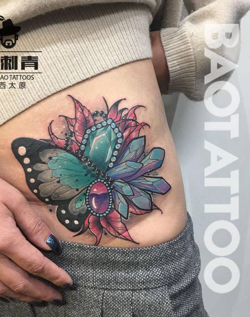 疤痕遮盖纹身图片_腹部水彩New School宝石纹身图案