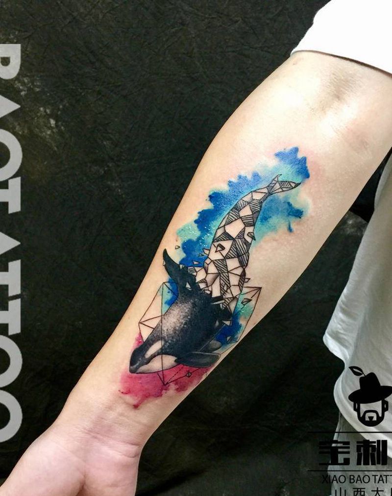 水彩鲸鱼纹身图片_手臂水彩鲸鱼纹身图案