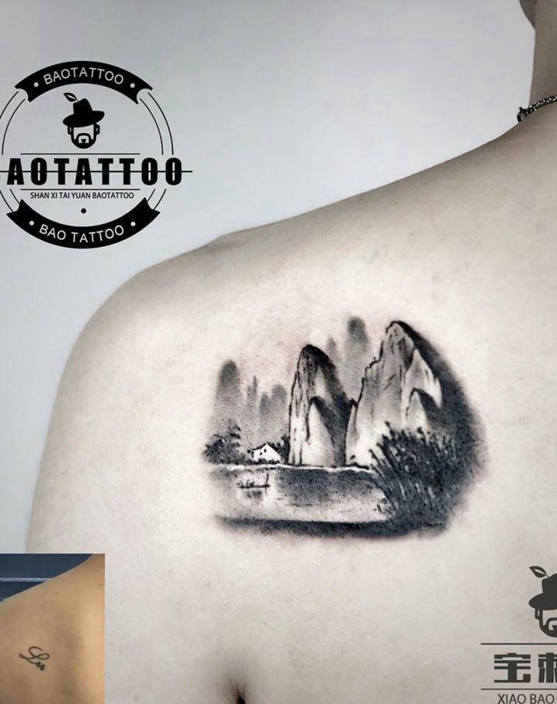 山水遮盖纹身图片_肩部水墨山水纹身图案