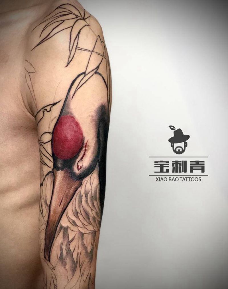 传统仙鹤纹身图片_手臂新传统水墨鹤丹顶鹤纹身图案