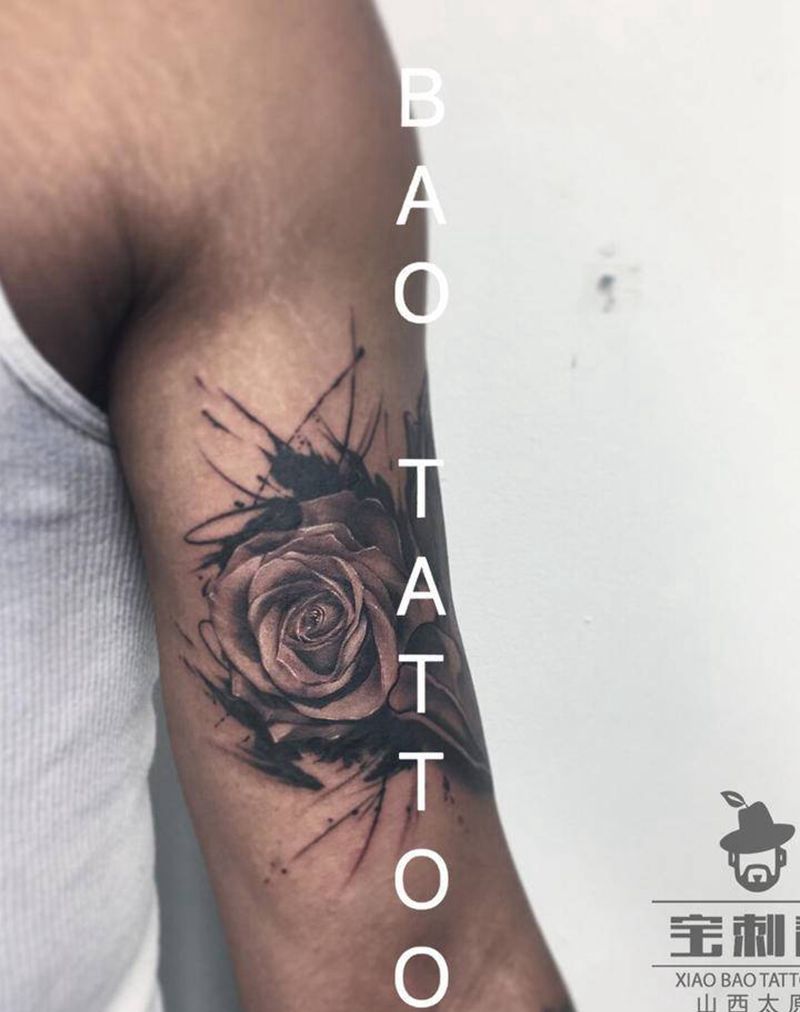 水墨写实玫瑰纹身图片_手臂水彩玫瑰手臂纹身图案