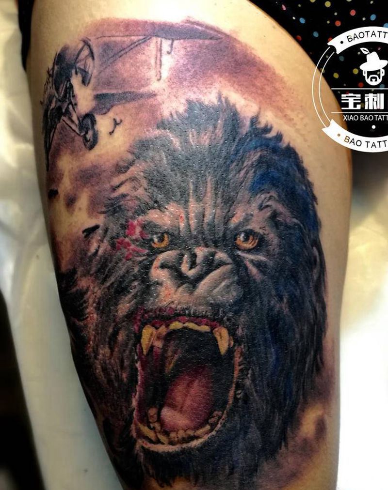 金刚纹身图片_腿部欧美写实金刚纹身图案