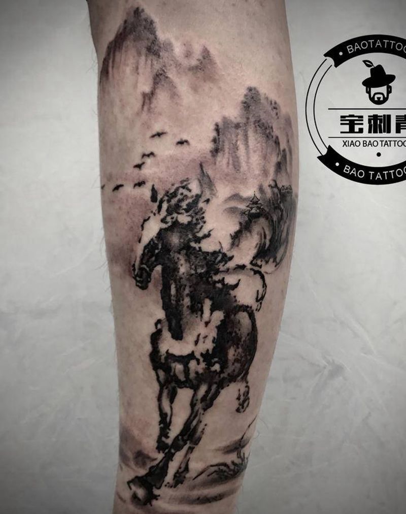 水墨奔马图纹身图片_腿部水墨马纹身图案