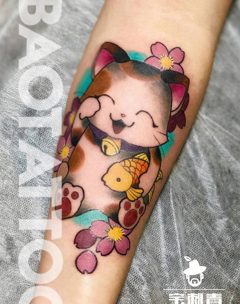 招财猫纹身图片_手臂New School纹身图案