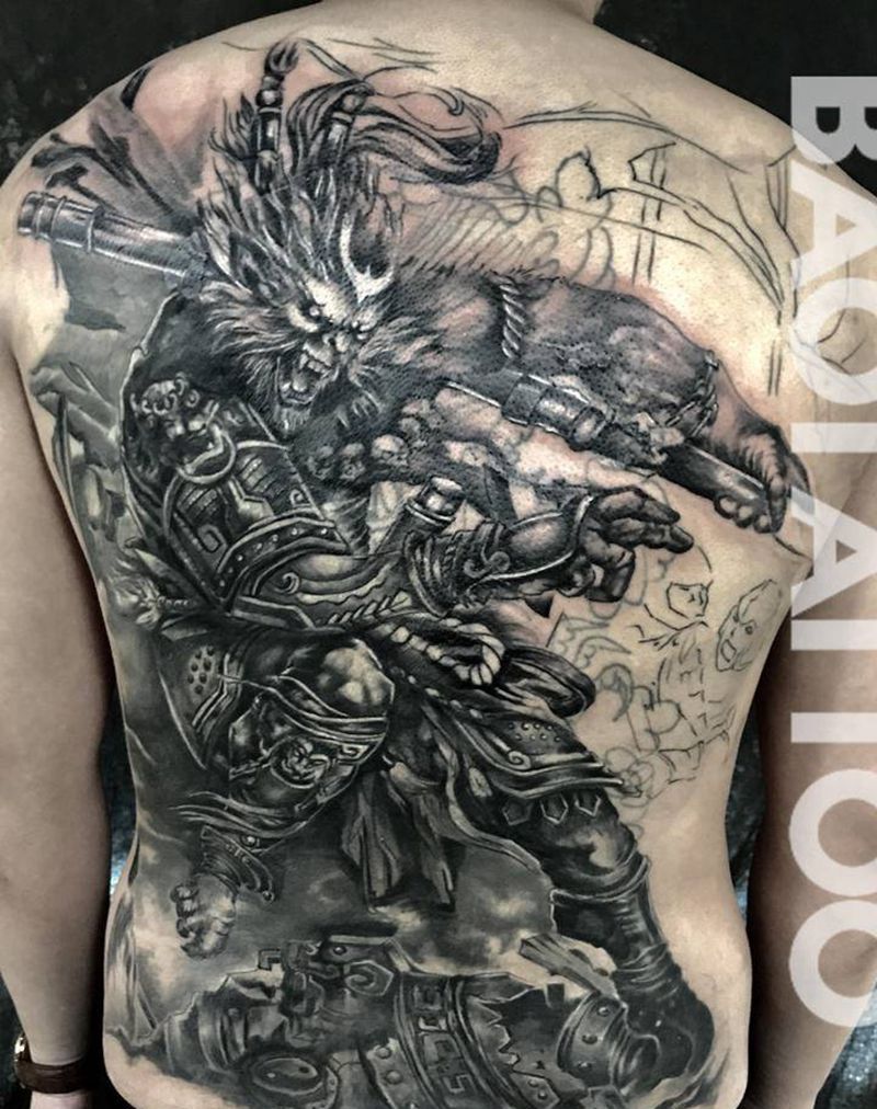 孙悟空遮盖纹身图片_背部新传统孙悟空纹身图案