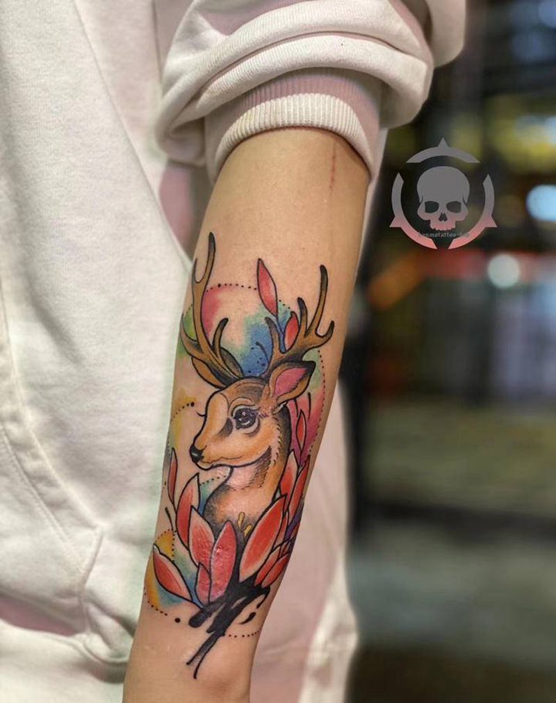 麋鹿纹身图片_手臂New School纹身图案