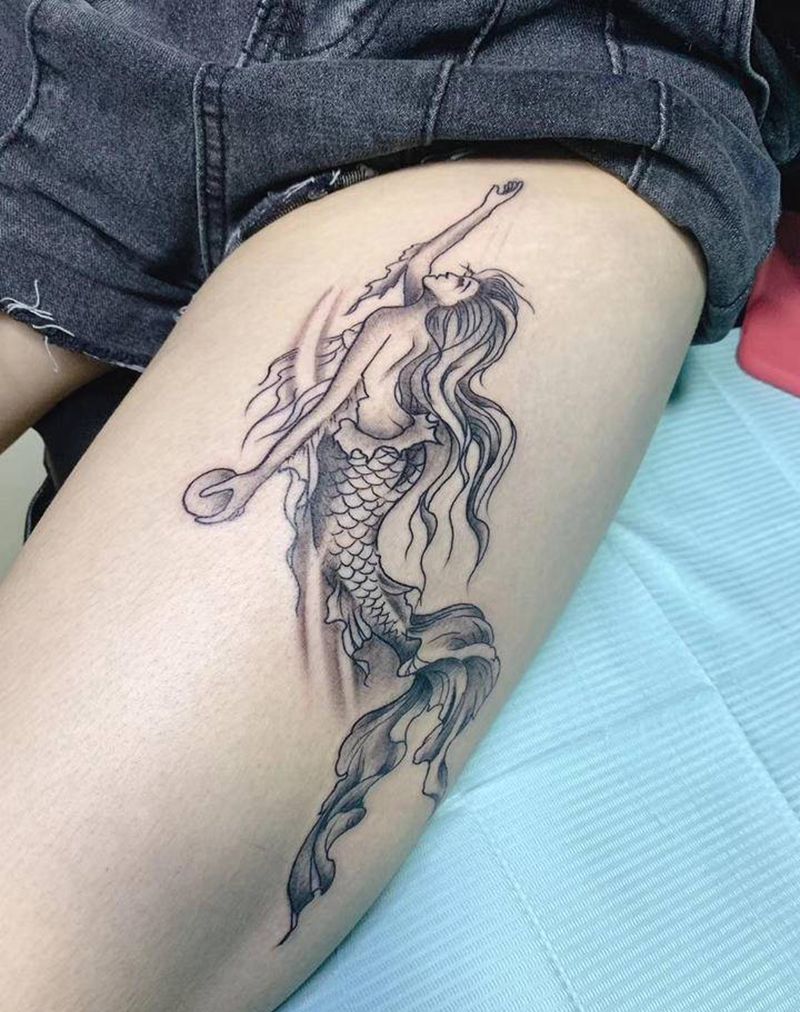 美人鱼纹身图片_腿部New School水墨纹身图案