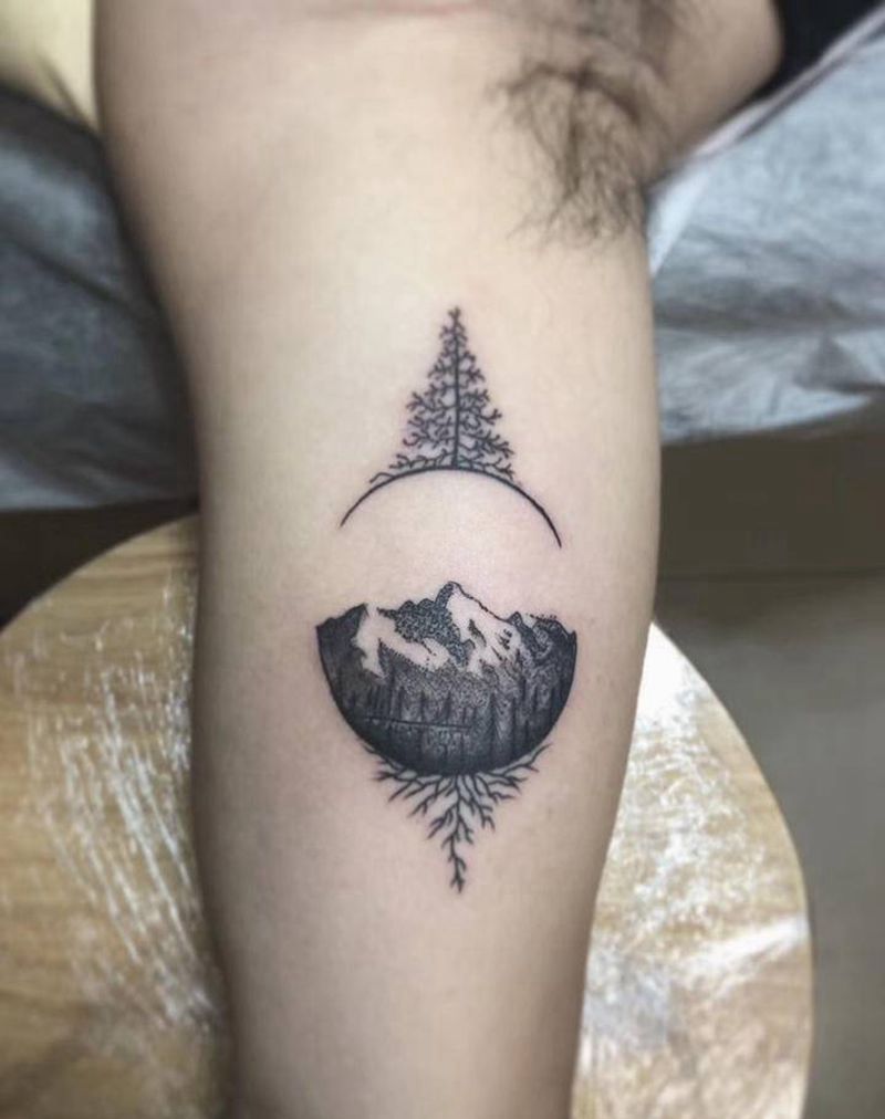 山 松纹身图片_手臂几何点刺纹身图案