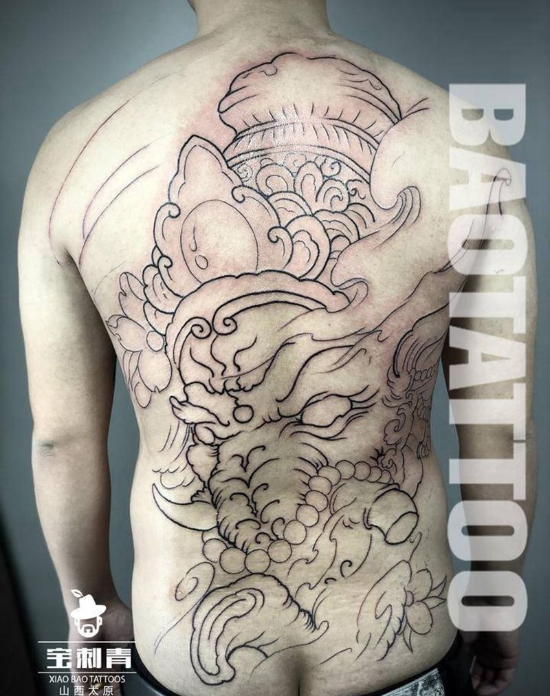 象神工作纹身图片_背部新传统象神纹身图案
