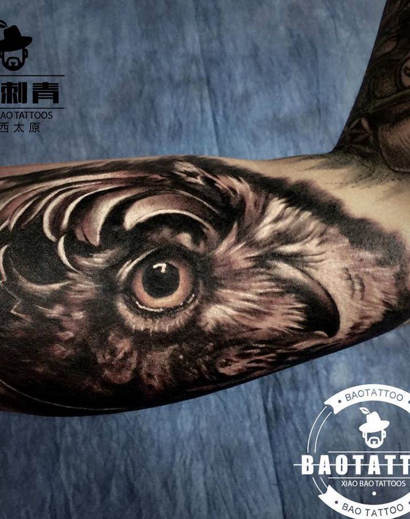 猫头鹰作品纹身图片_手臂欧美写实猫头鹰纹身图案