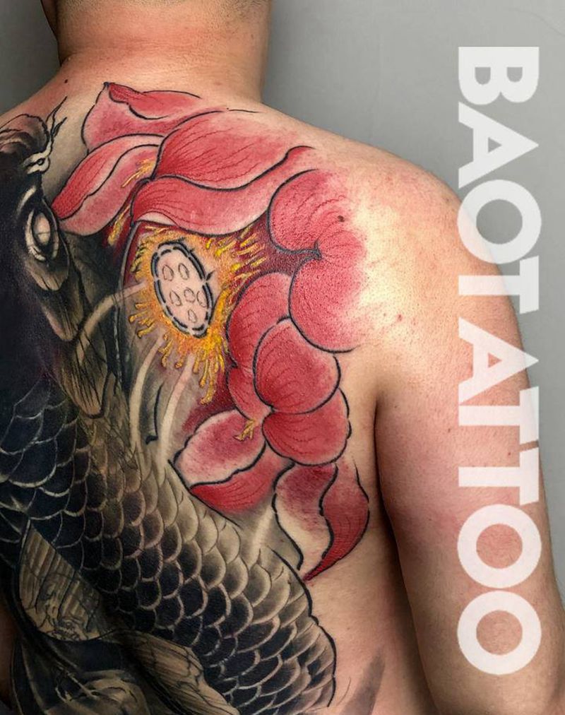 荷花作品纹身图片_背部新传统纹身图案