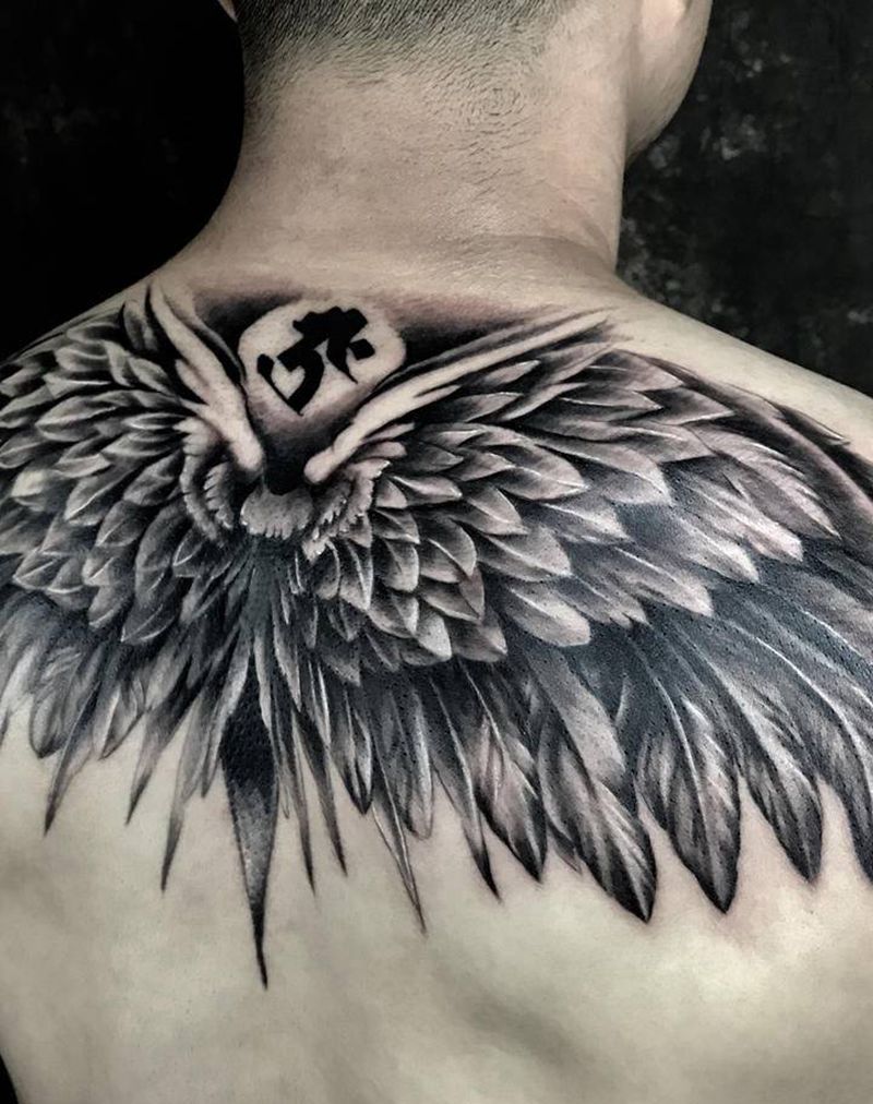 翅膀作品纹身图片_背部欧美写实翅膀羽翼纹身图案