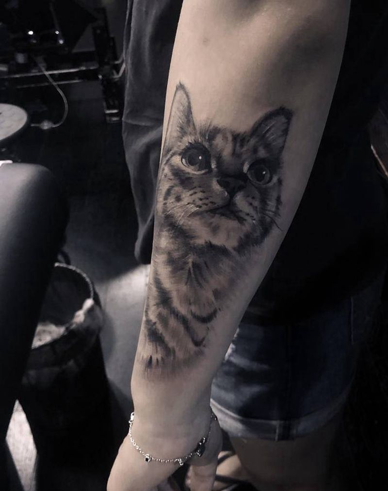 客人家里的猫咪纹身图片_手臂欧美写实纹身图案