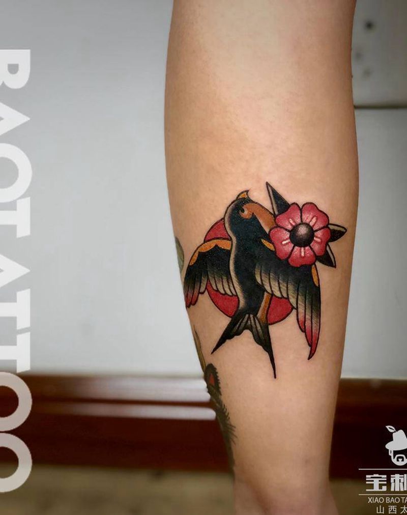 Oldschool燕子纹身图片_腿部Old School纹身图案