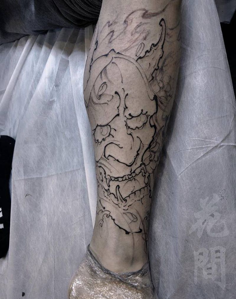 小腿班若未完纹身图片_腿部新传统New School纹身图案