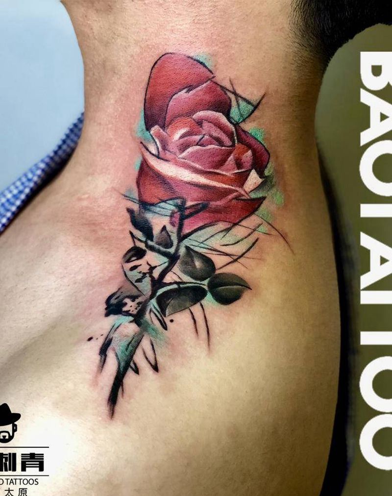 玫瑰纹身图片_肩部颈部New School玫瑰纹身图案