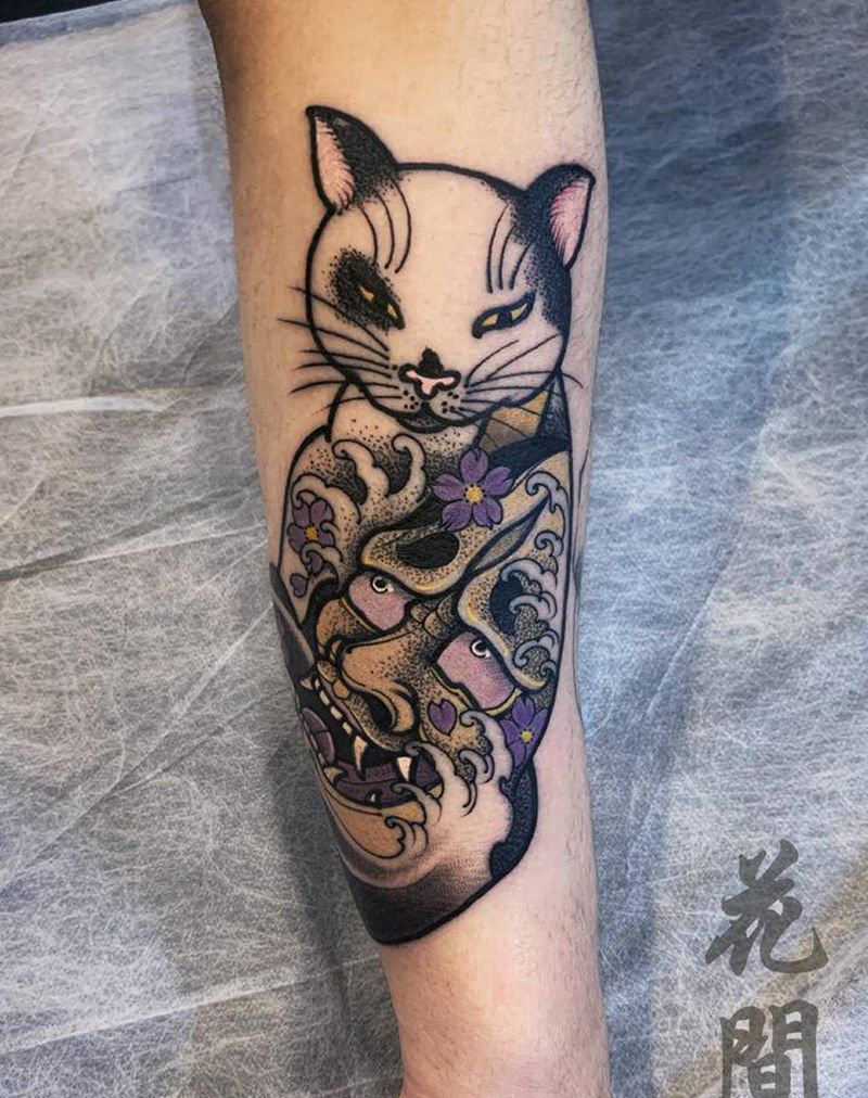 猫咪纹身图片_腰部新传统纹身图案