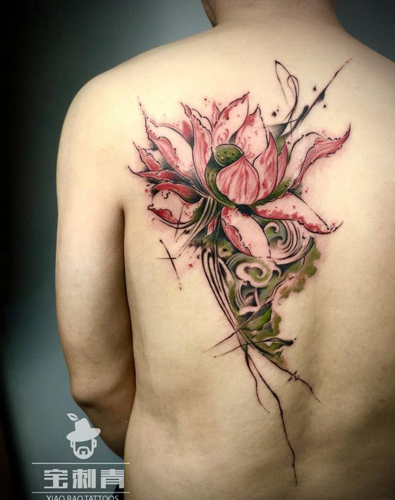 水墨荷花纹身图片_背部水墨纹身图案
