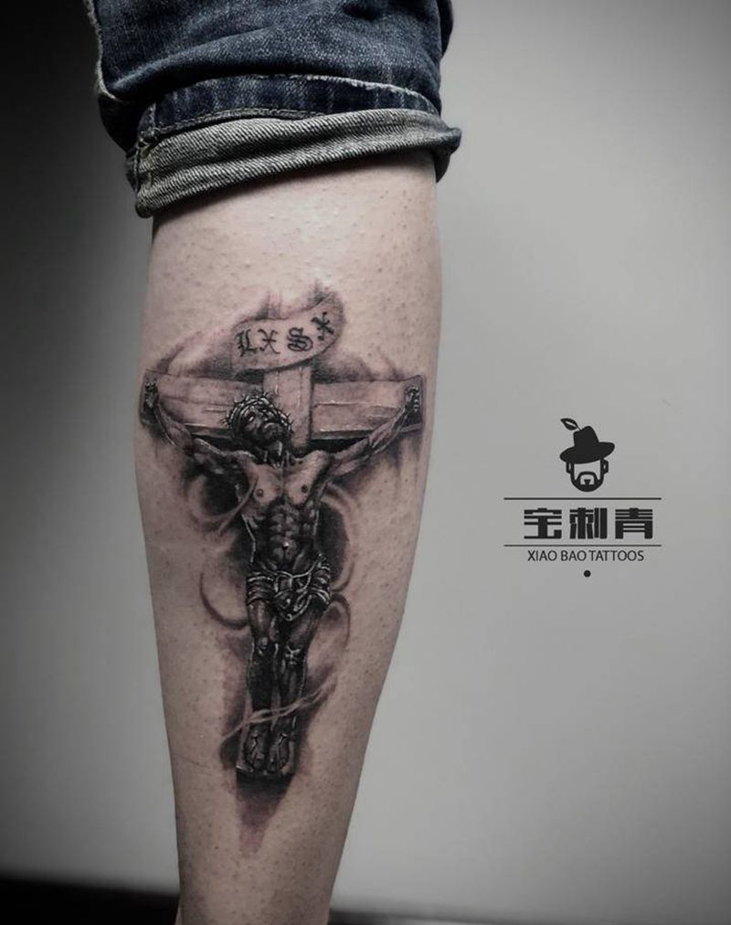 耶稣受难日纹身图片_腿部欧美写实耶稣写实纹身图案
