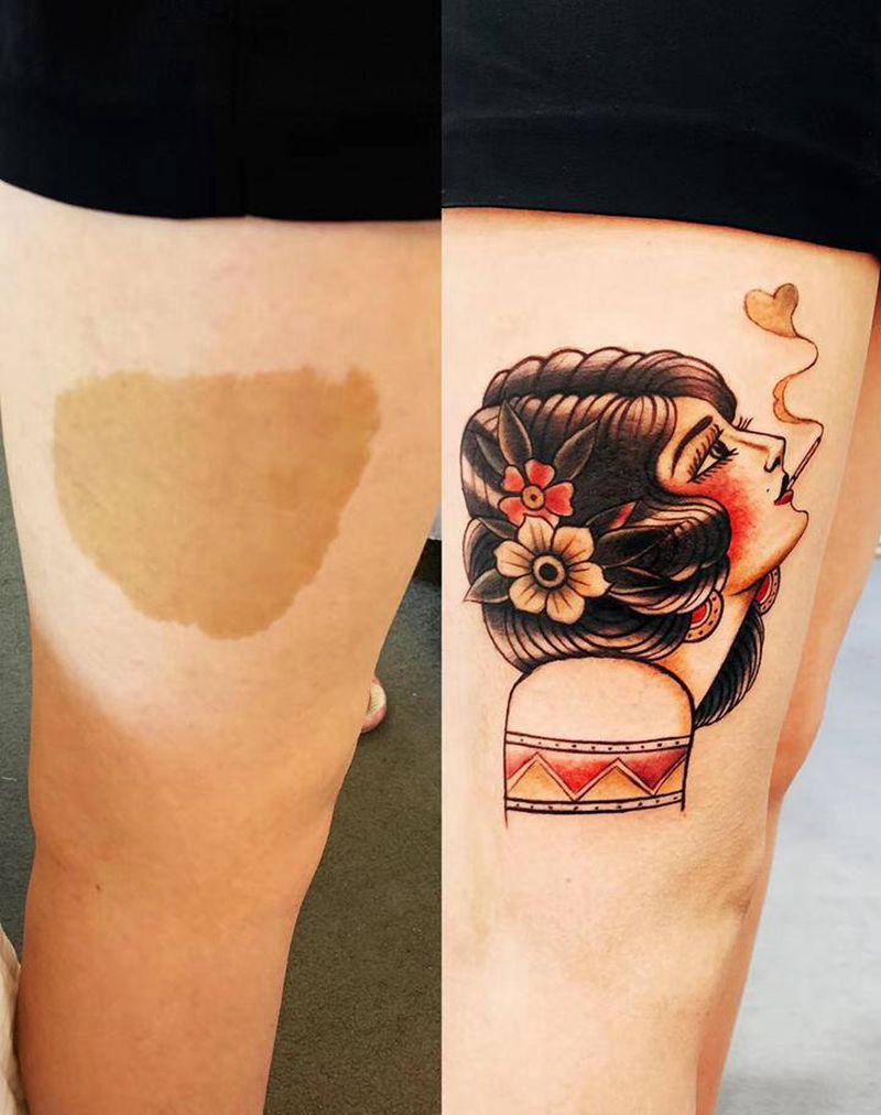 胎记覆盖纹身图片_腿部纹身图案