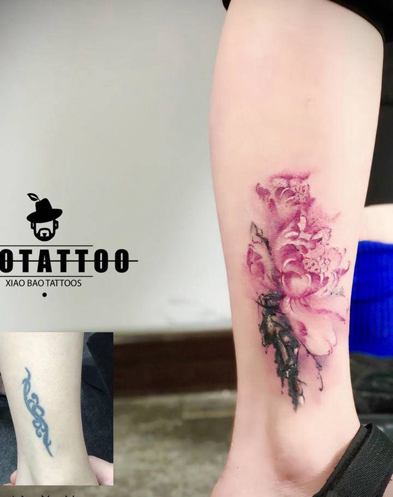 遮盖纹身图片_腿部水彩纹身图案