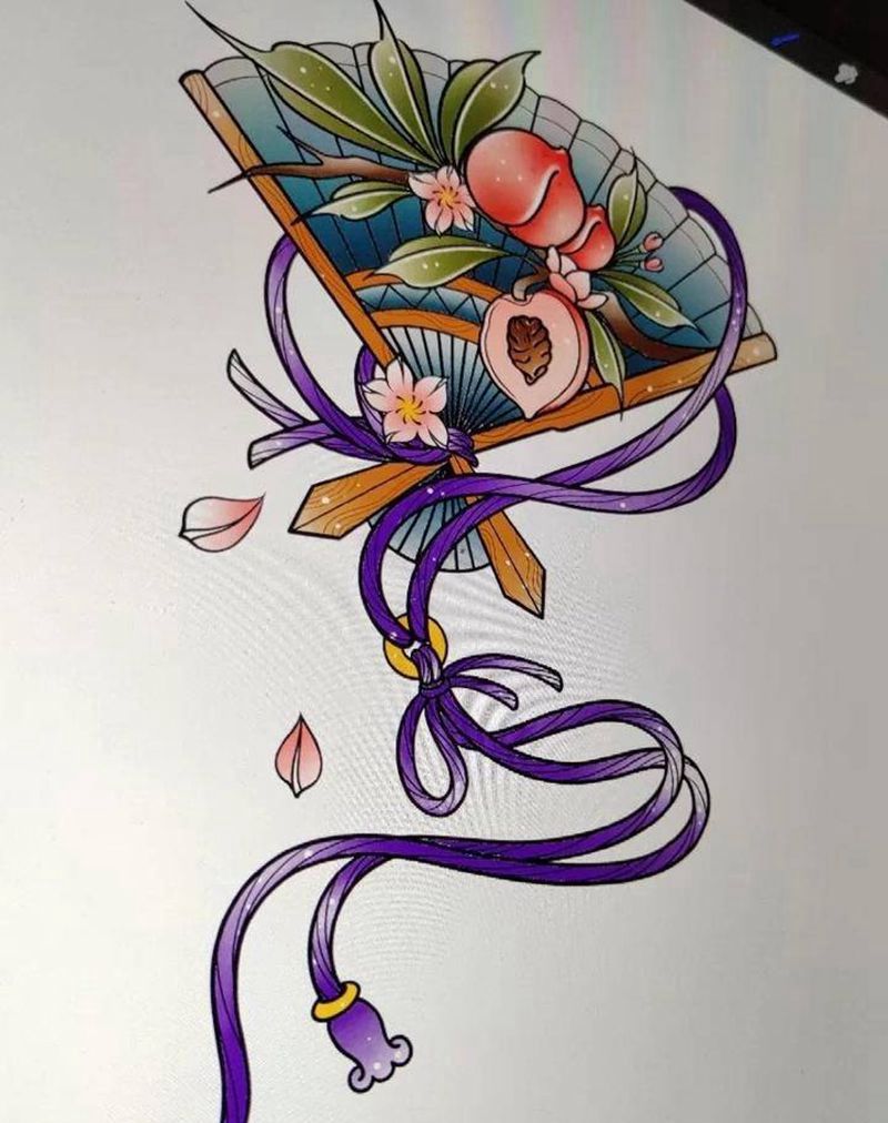 扇子纹身图片_肩部背部New School纹身图案