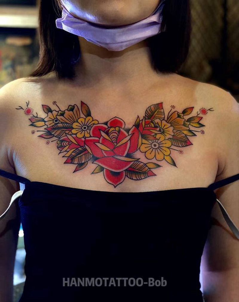 花胸玫瑰花纹身图片_胸部Old SchoolNew School纹身图案