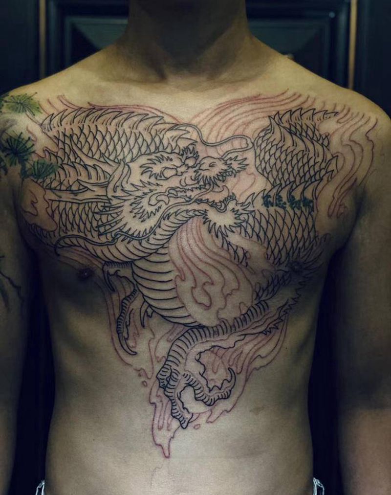 龙纹身图片_胸部新传统纹身图案