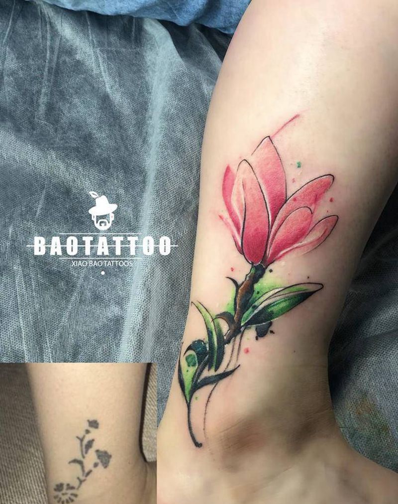 遮盖作品纹身图片_脚部水彩玉兰纹身图案