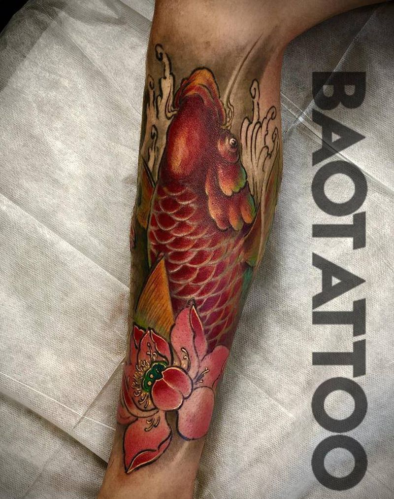 新传统锦鲤纹身图片_腿部新传统锦鲤鱼纹身图案