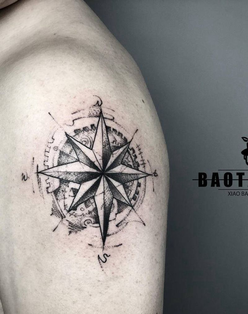 指南针纹身图片_肩部手臂几何指南针纹身图案