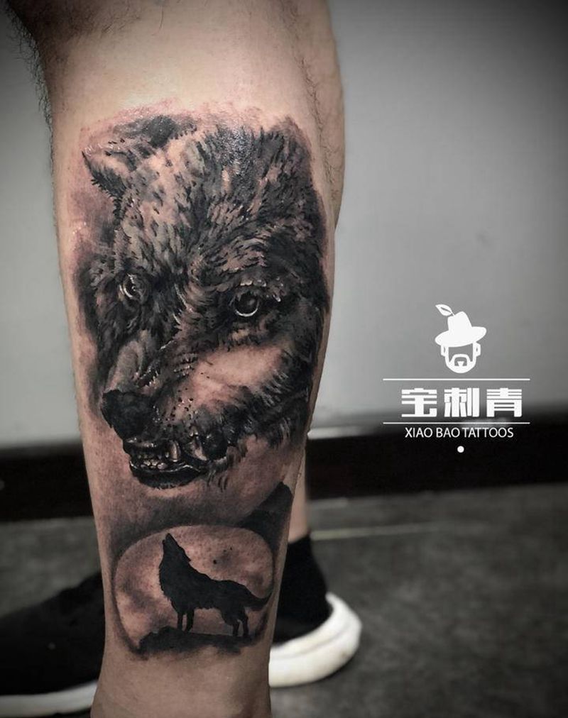 欧美写实狼头纹身图片_腿部欧美写实狼纹身图案
