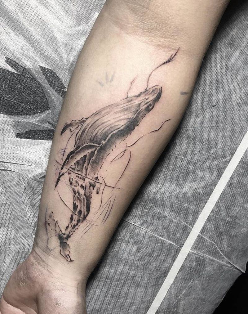 鲸鱼纹身图片_手臂水彩纹身图案