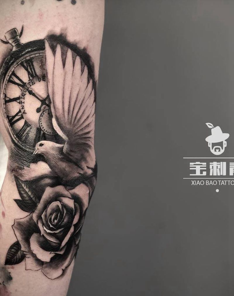 玫瑰鸽纹身图片_手臂欧美写实纹身图案