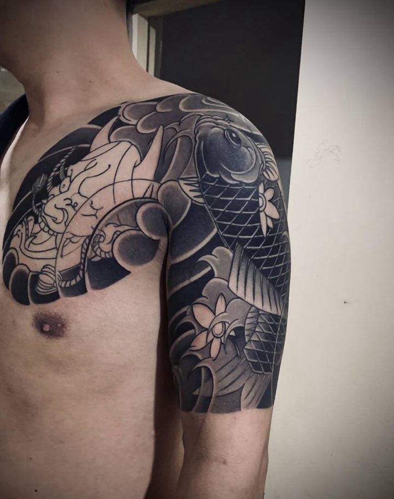 老传统半甲纹身图片_肩部手臂老传统纹身图案