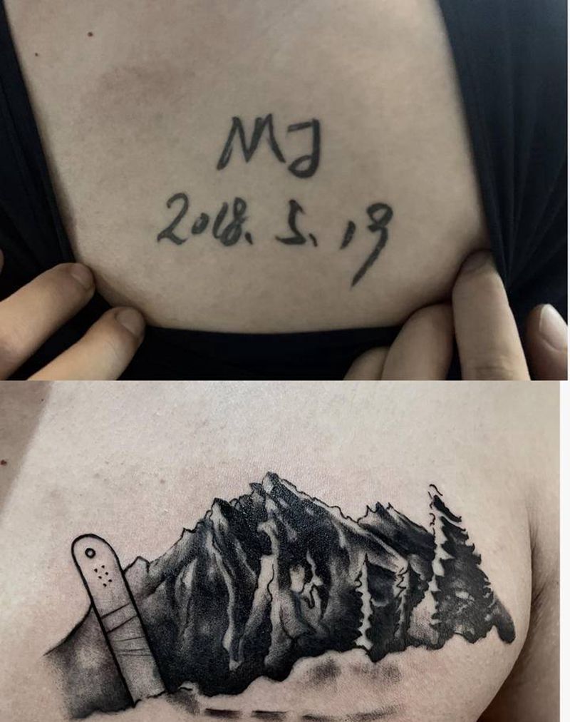 覆盖雪山纹身图片_胸部纹身图案