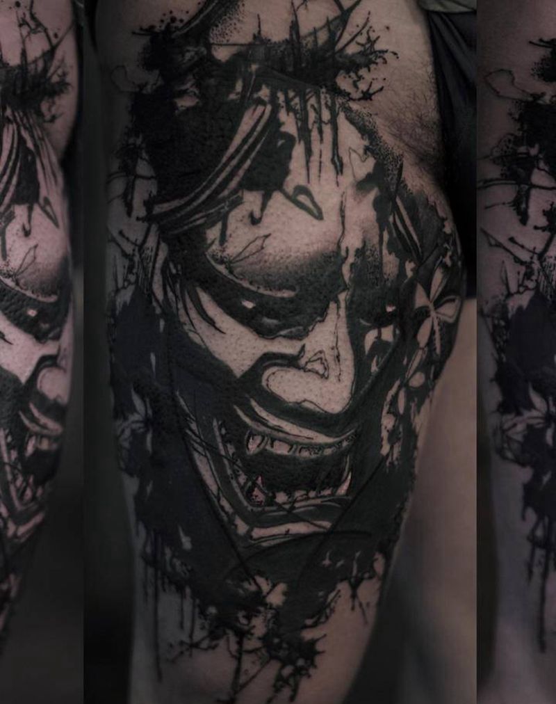 【硬汉】纹身图片_腿部新传统水墨纹身图案