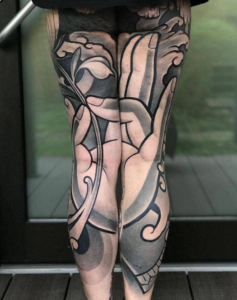 佛手纹身图片_腿部纹身图案