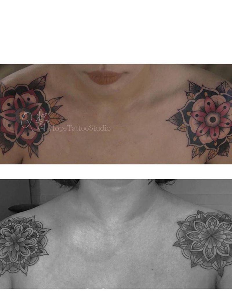 肩头花纹身图片_肩部几何纹身图案