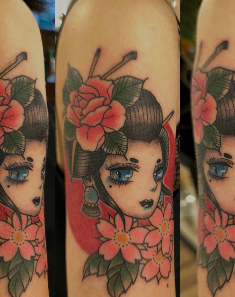 艺伎纹身图片_手臂Old School艺伎纹身图案