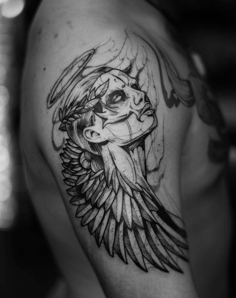 大臂外侧插画天使纹身图片_手臂纹身图案