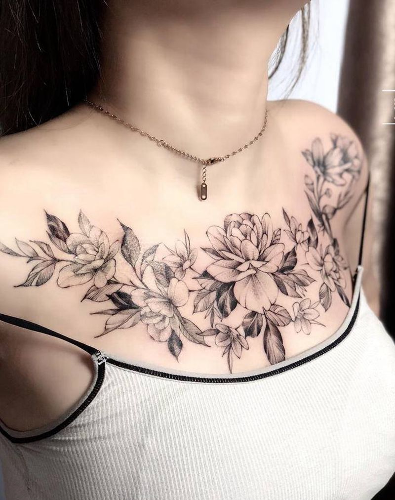 素花纹身纹身图片_胸部点刺清新纹身图案