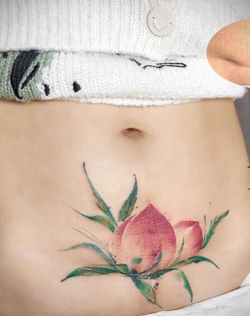刨腹产疤痕遮盖纹身图片_腹部水彩纹身图案