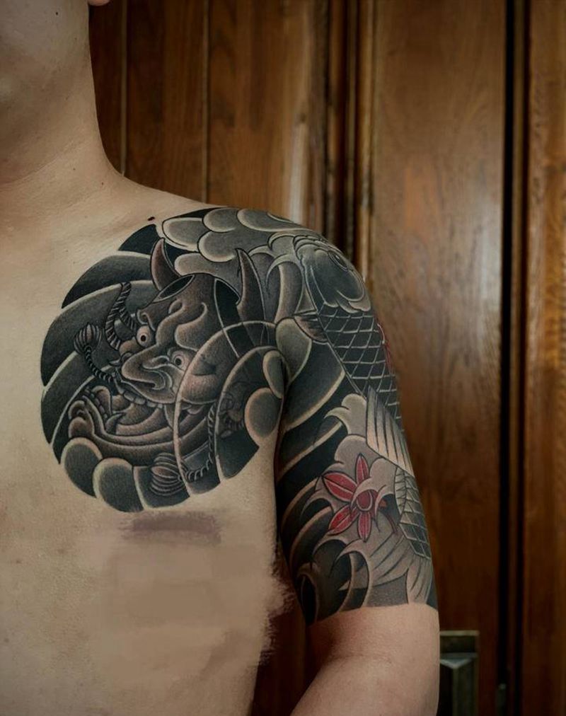 半甲纹身图片_手臂胸部老传统纹身图案