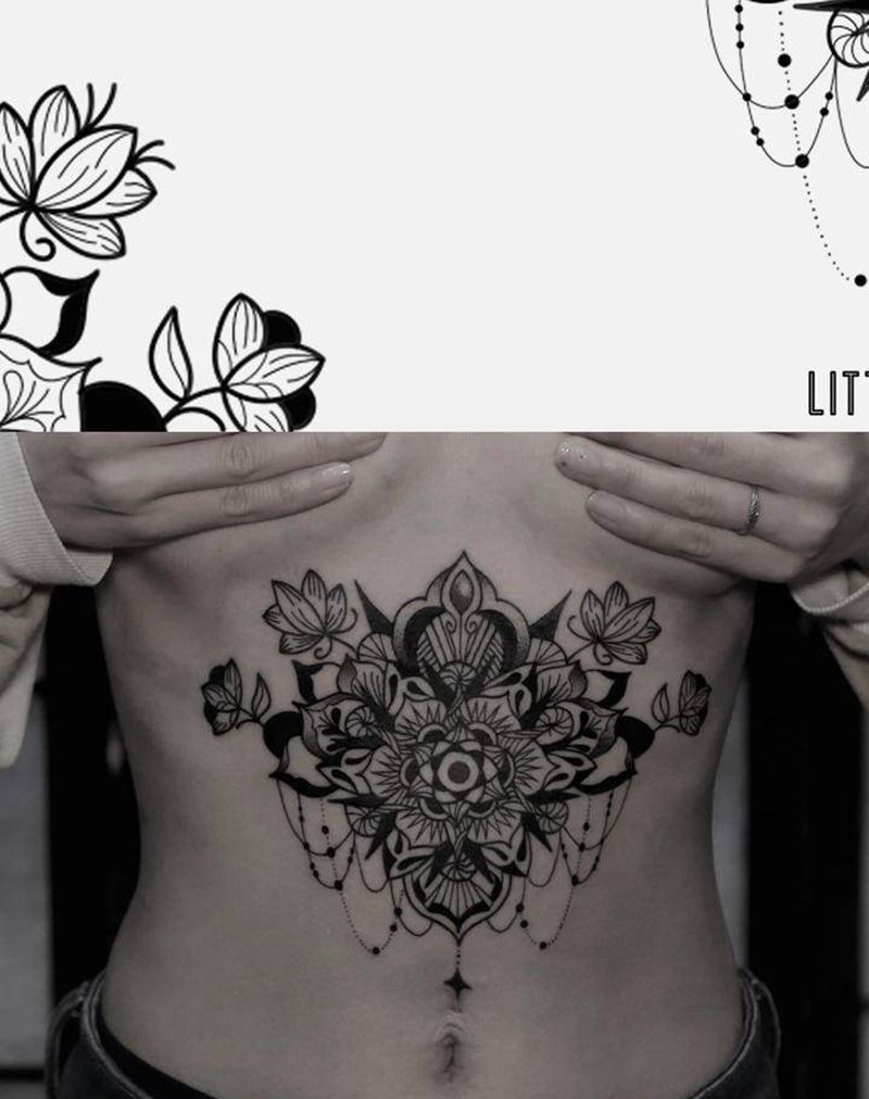 花的变形纹身图片_胸部几何点刺纹身图案